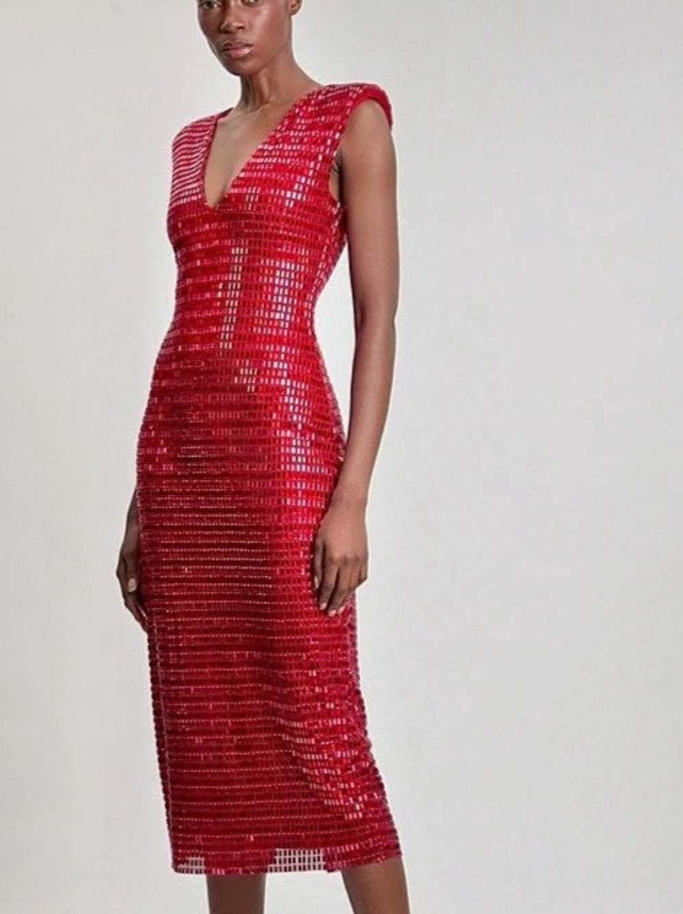 Karen Millen Premium Crystal Embellished Grid Midi Dress Red Small